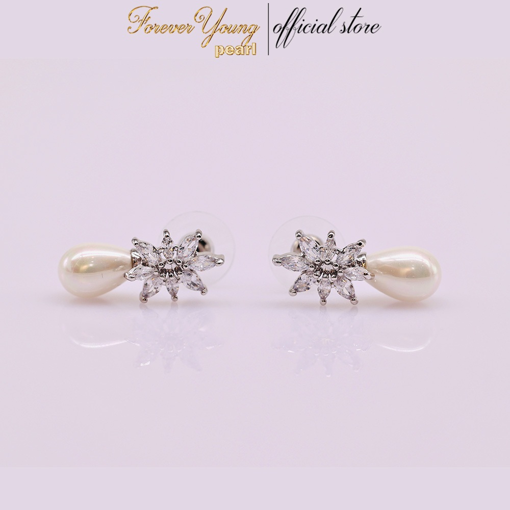 Mã BT13. Bông Tai mạ Van Trắng ngọc Trai Nuôi Nước Ngọt Dày 7-9 Li Charm Đính Đá Cz Cao Cấp Quý Phái. Forever Young Pea