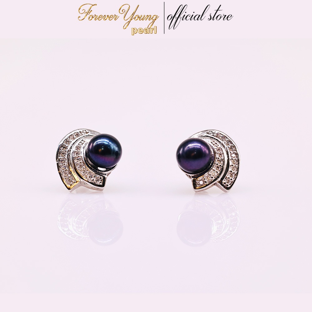 Mã BT64. Bông Tai mạ vàng Trắng ngọc Trai Tím Nuôi Nước Ngọt Dày 5-7Li Charm Đính Đá Cz Cao Cấp . Forever Young Pearl