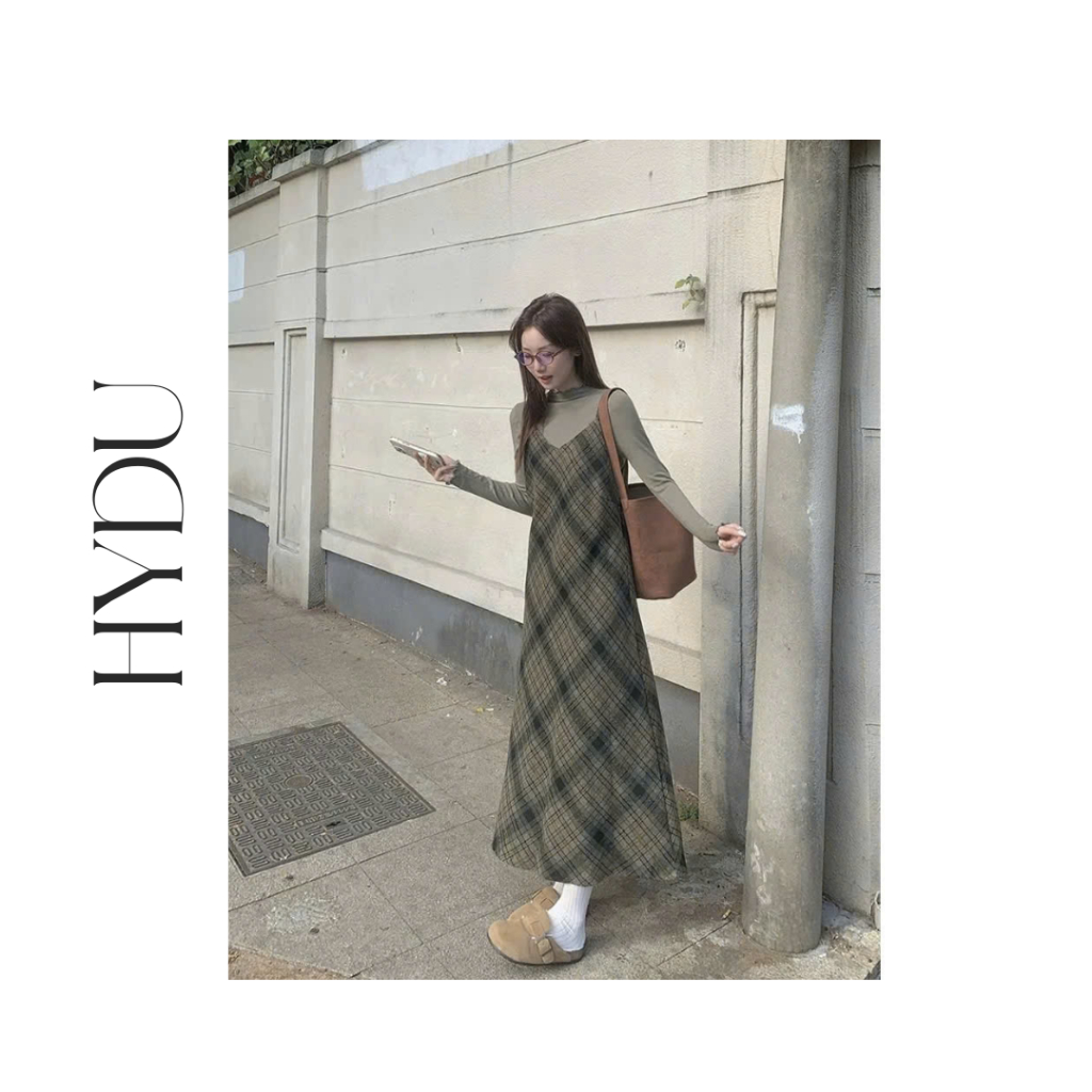 ORDER- Váy Dạ Hai Dây Kẻ  Caro Dày Dặn Sang Trọng Kết Hợp Áo Thun Nữ Dài Tay Co Giãn Thu Đông | BigBuy360 - bigbuy360.vn