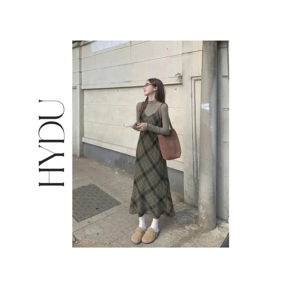 ORDER- Váy Dạ Hai Dây Kẻ  Caro Dày Dặn Sang Trọng Kết Hợp Áo Thun Nữ Dài Tay Co Giãn Thu Đông | BigBuy360 - bigbuy360.vn