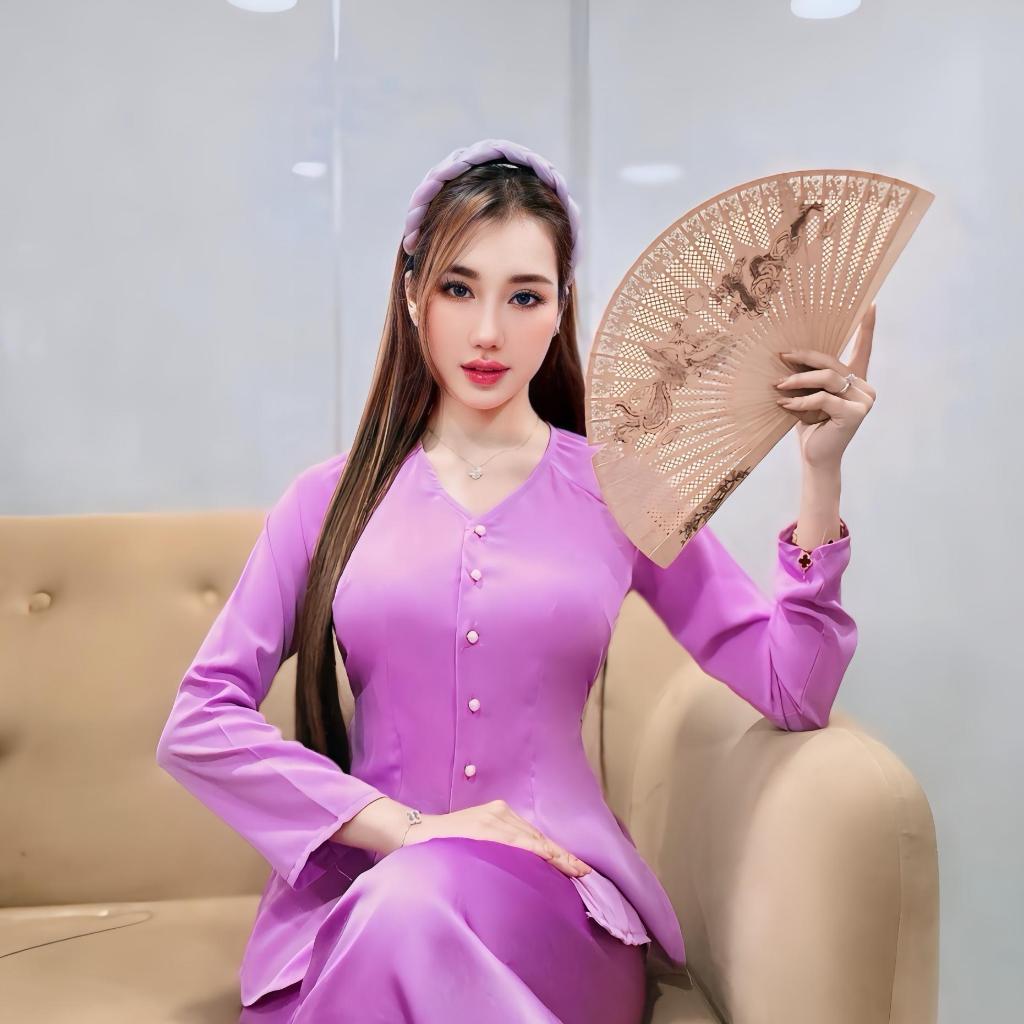 Hân Nguyễn Áo Bà Ba - B.A102 - Bộ Bà Ba Lụa Tầm Ý Cổ Tim Cài Nút Tay Dài