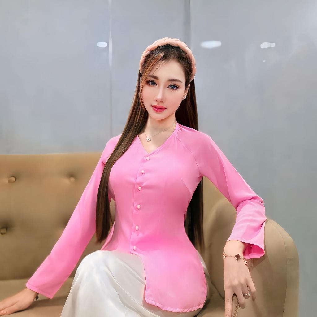 Hân Nguyễn Áo Bà Ba - B.A102 - Bộ Bà Ba Lụa Tầm Ý Cổ Tim Cài Nút Tay Dài