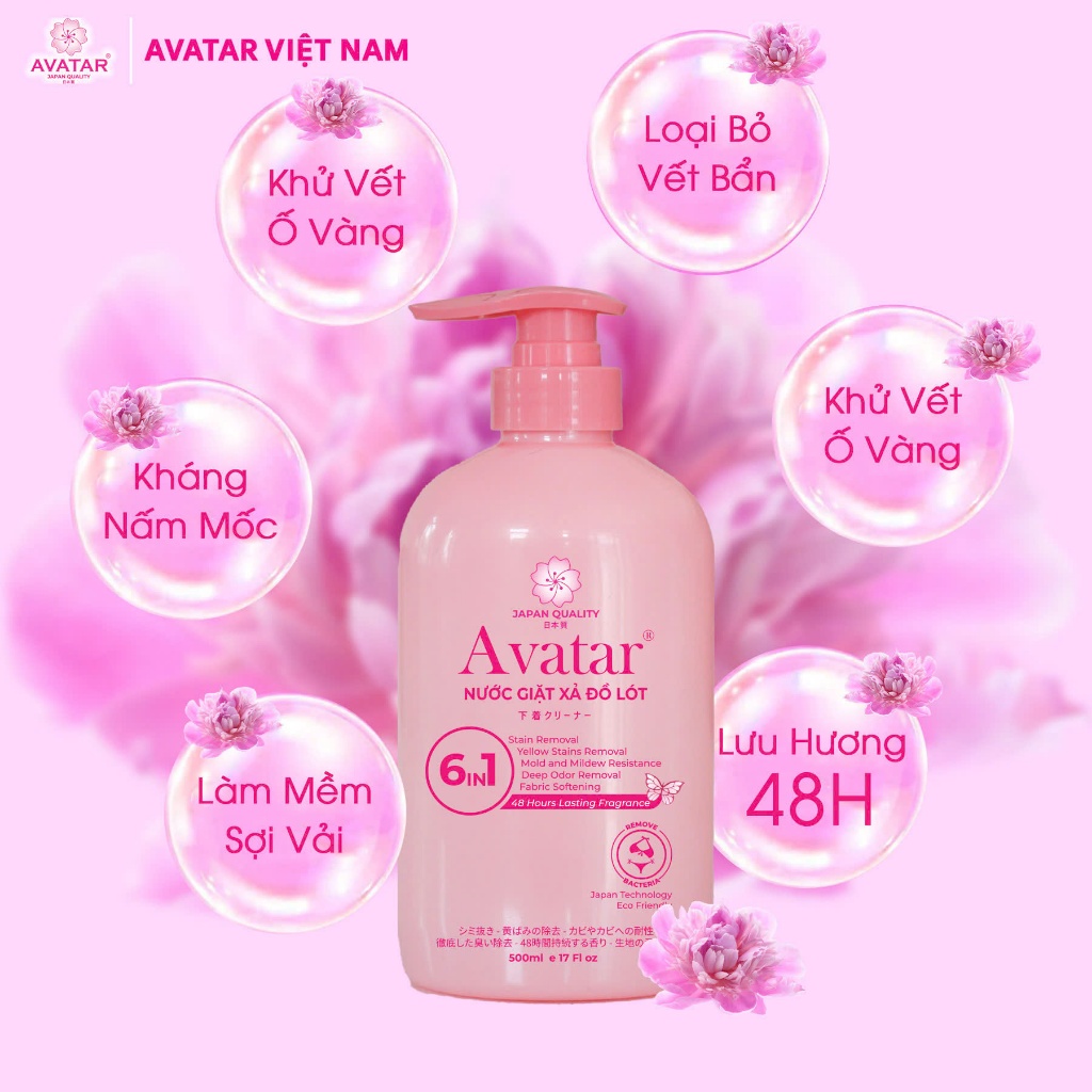 Nước Giặt Đồ Lót Avatar Lưu Hương 48 Tiếng 6 Trong 1 500ml (Màu Hồng)