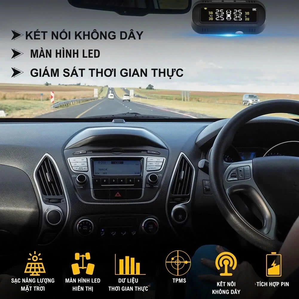 Cảm Biến Áp Suất Lốp CARLOVER, Dán Kính Lái Sử Dụng Năng Lượng Mặt Trời TPMS, Cảnh Báo Thủng Lốp - BH 12 Tháng