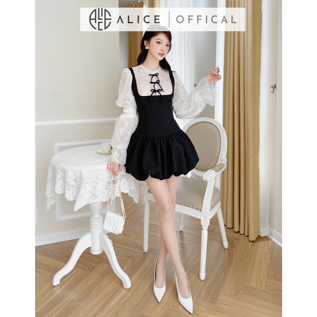 Ảnh Váy Đầm Tiểu Thư Dáng Bí Alice Chất Chéo Rubi Cao Cấp Phối Ren Cổ Đính Nơ, Tay Áo Xòe Bồng 3 Tầng V1298 3