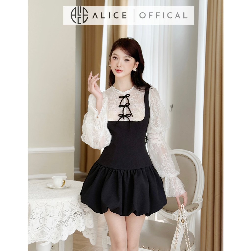 Ảnh Váy Đầm Tiểu Thư Dáng Bí Alice Chất Chéo Rubi Cao Cấp Phối Ren Cổ Đính Nơ, Tay Áo Xòe Bồng 3 Tầng V1298 2