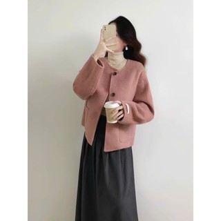 Áo khoác dạ tiêu Forgirl áo dạ ép nữ tiêu hồng hai lớp cổ tròn dáng bà ba phối túi siêu xinh T042