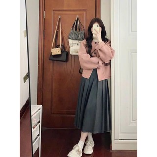 Áo khoác dạ tiêu Forgirl áo dạ ép nữ tiêu hồng hai lớp cổ tròn dáng bà ba phối túi siêu xinh T042