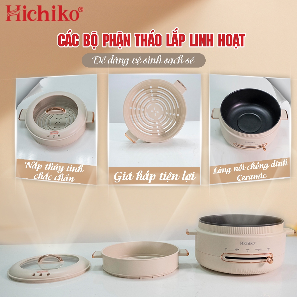 Nồi Lẩu Điện 2 Tầng 4L kèm vỉ hấp, công suất 1400W nấu nhanh, 4 mức độ nhiệt Hichiko -HC8212