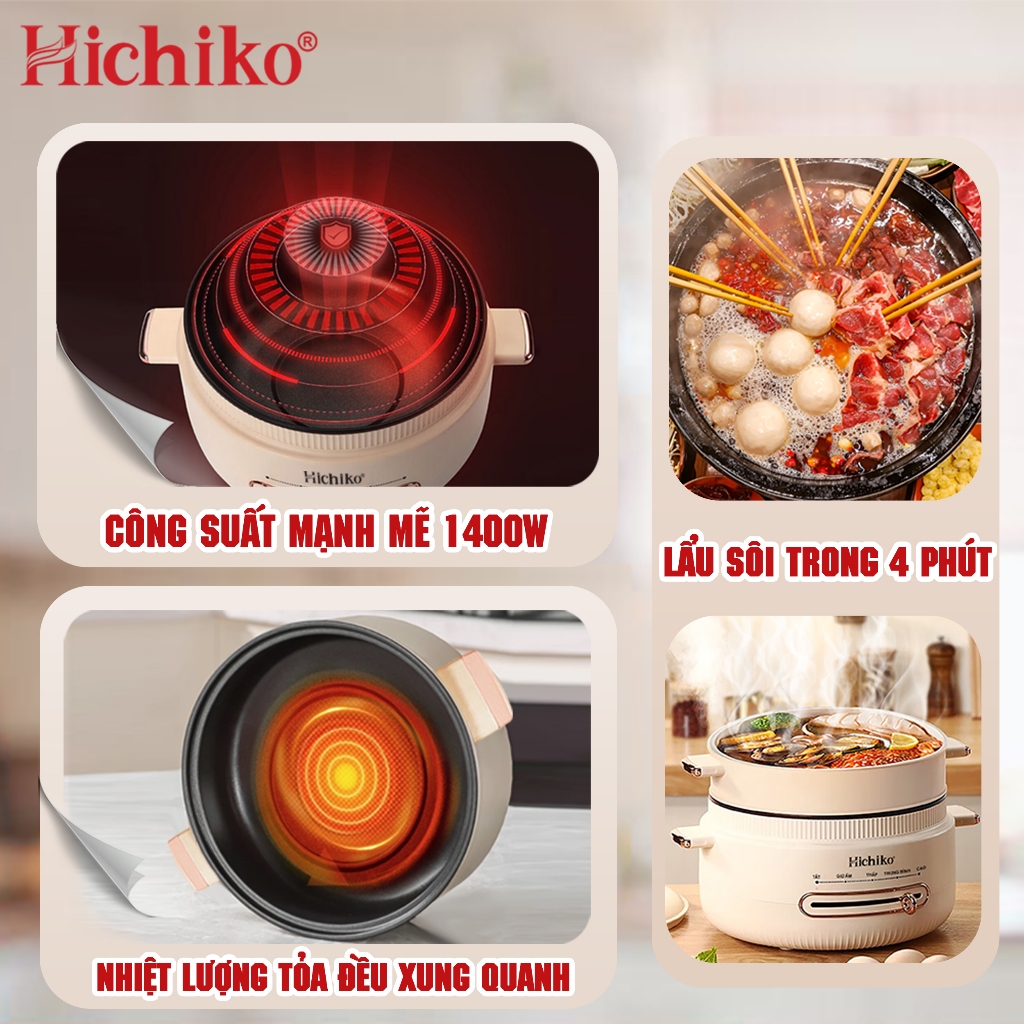 Nồi Lẩu Điện 2 Tầng 4L kèm vỉ hấp, công suất 1400W nấu nhanh, 4 mức độ nhiệt Hichiko -HC8212