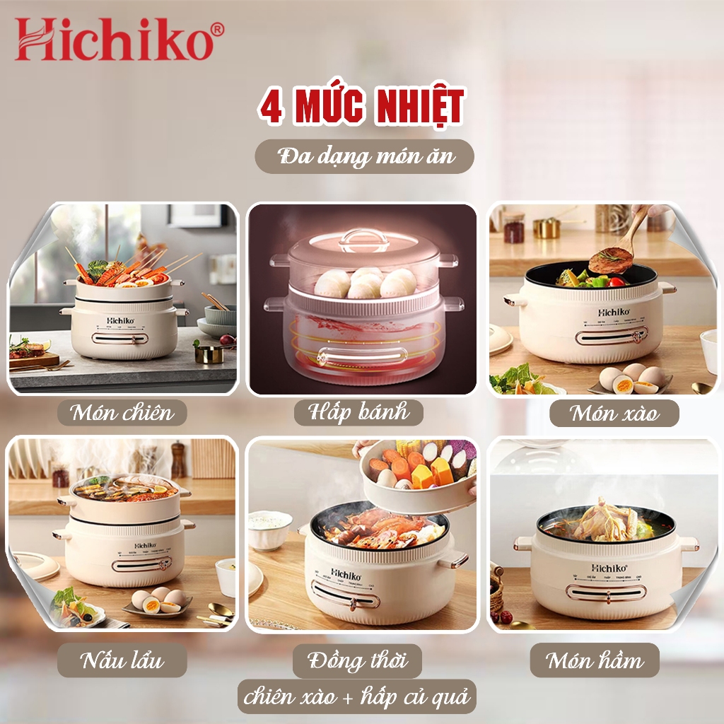 Nồi Lẩu Điện 2 Tầng 4L kèm vỉ hấp, công suất 1400W nấu nhanh, 4 mức độ nhiệt Hichiko -HC8212