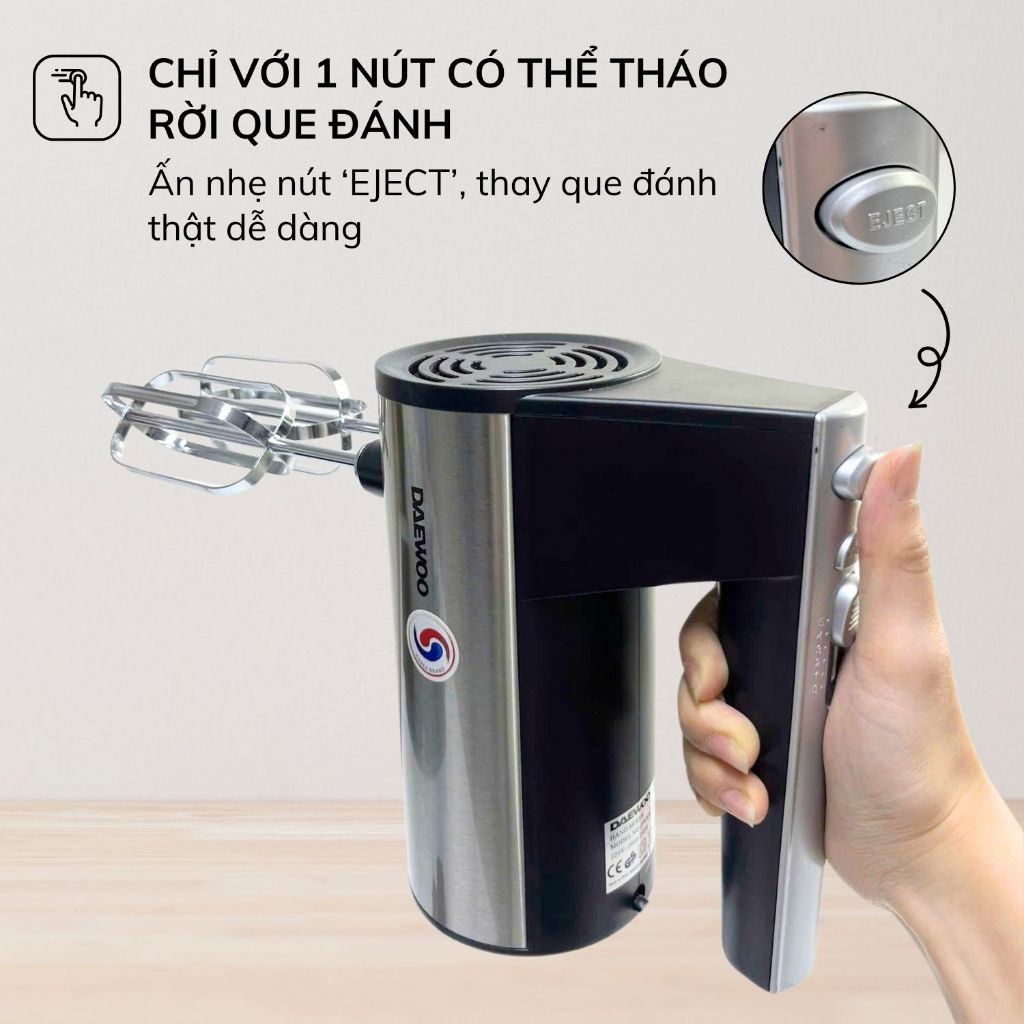 Ảnh Máy đánh trứng Daewoo DWHM-831S với 5 tốc độ, công suất 250W kèm 4 que inox, bảo hành 12 tháng 3