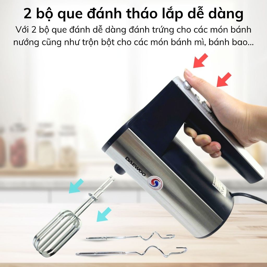 Ảnh Máy đánh trứng Daewoo DWHM-831S với 5 tốc độ, công suất 250W kèm 4 que inox, bảo hành 12 tháng 2