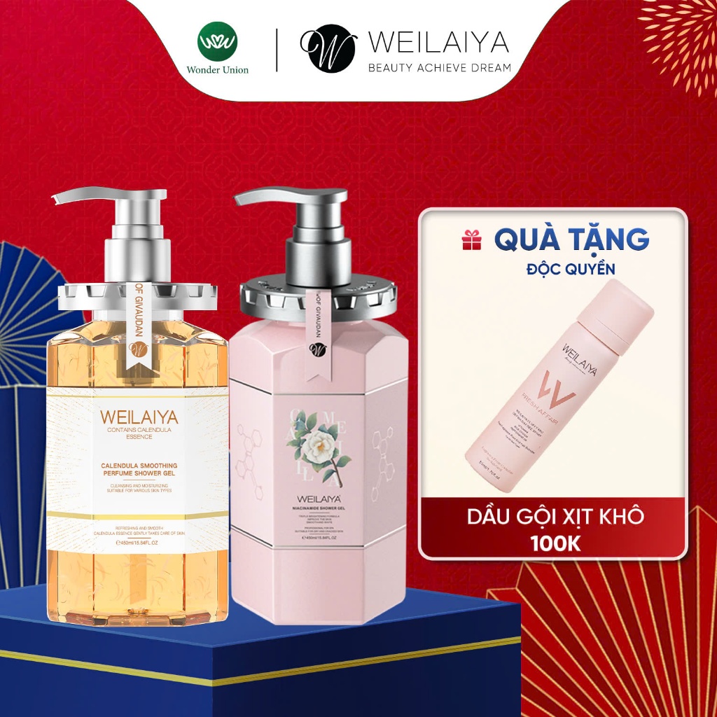 Ảnh Sữa tắm trắng da cánh hoa hồng Damask 450ml và Sữa tắm trắng da, làm sạch da toàn thân Niacinamide WEILAIYA 450ml 4