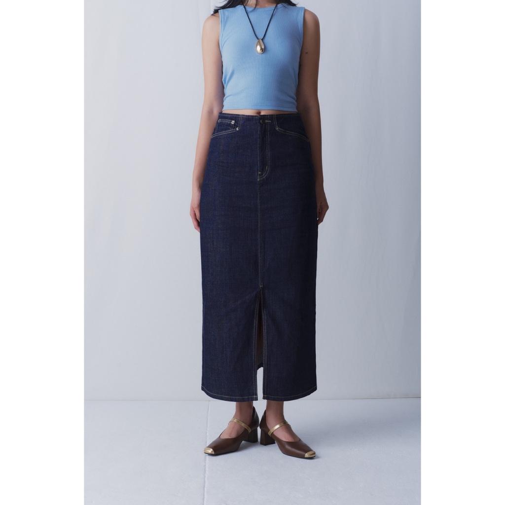 Ảnh LIBÉ WORKSHOP - Chân váy denim dáng dài xẻ tà thân trước màu xanh dương đậm 1