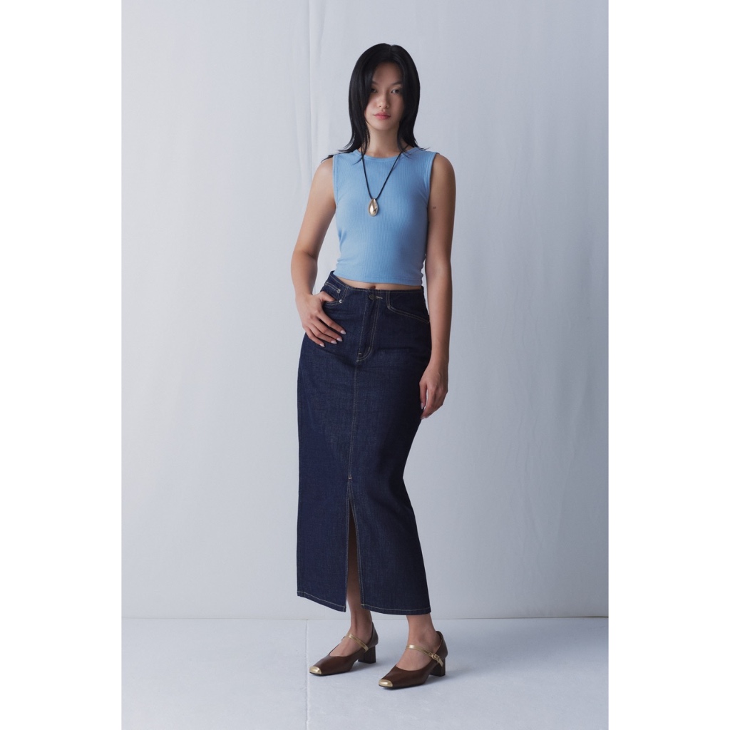 Ảnh LIBÉ WORKSHOP - Chân váy denim dáng dài xẻ tà thân trước màu xanh dương đậm 3