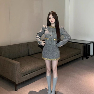 Set dạ tweet áo khoác dài tay dệt kim viền cổ viền túi đính hạt cườm bling kết hợp chân váy tôn dáng cao cấp