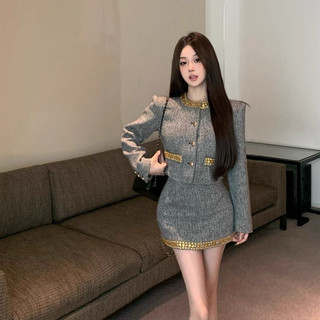 Set dạ tweet áo khoác dài tay dệt kim viền cổ viền túi đính hạt cườm bling kết hợp chân váy tôn dáng cao cấp