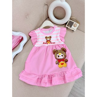 V12 Váy bé gái kẻ sọc dáng suông họa tiết BABY THREE 2 màu hồng -đỏ, đầm bé gái xinh xắn hot hit size 10-30kg