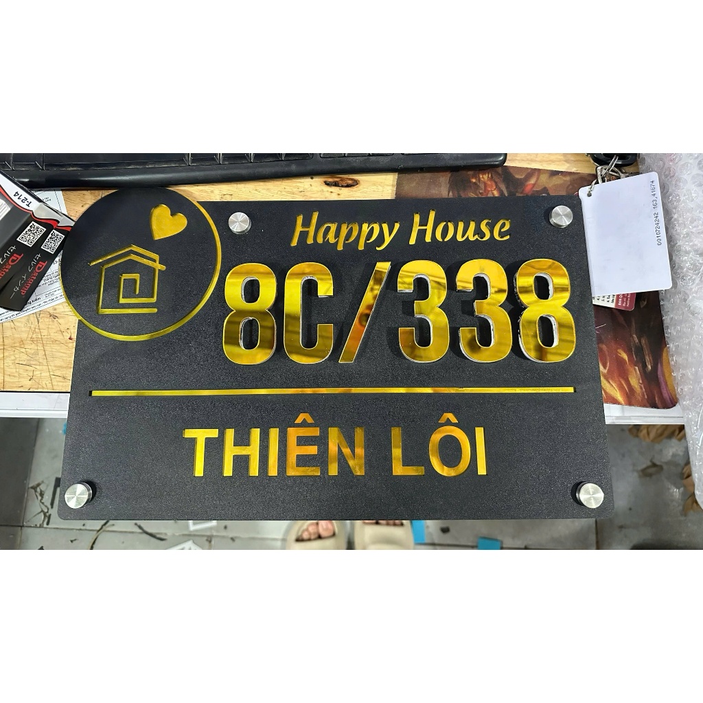 BẢNG, BIỂN SỐ NHÀ. Alcorest + Mica đen sần+ gương vàng, ngoài trời sang trọng tinh tế