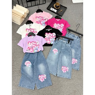 Set áo thun cotton+quần jeans in họa tiết BABY THREE  hot hit,Bộ quần áo đi học đi chơi bé gái size 10-37kg