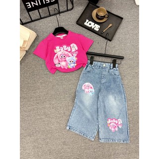 Set áo thun cotton+quần jeans in họa tiết BABY THREE  hot hit,Bộ quần áo đi học đi chơi bé gái size 10-37kg