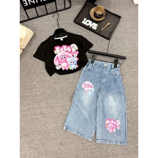 Set áo thun cotton+quần jeans in họa tiết BABY THREE  hot hit,Bộ quần áo đi học đi chơi bé gái size 10-37kg