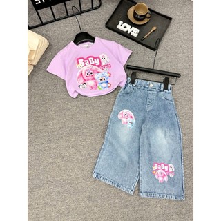 Set áo thun cotton+quần jeans in họa tiết BABY THREE  hot hit,Bộ quần áo đi học đi chơi bé gái size 10-37kg
