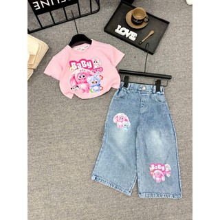 Set áo thun cotton+quần jeans in họa tiết BABY THREE  hot hit,Bộ quần áo đi học đi chơi bé gái size 10-37kg