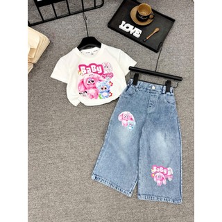 Set áo thun cotton+quần jeans in họa tiết BABY THREE  hot hit,Bộ quần áo đi học đi chơi bé gái size 10-37kg