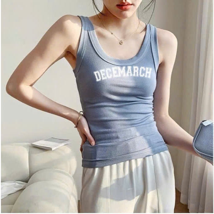 Áo Ba lỗ thun gân Cổ rộng dáng ôm in hình chữ DECEM JULY FASHION, Áo ba lỗ chất thun gân mát lạnh mùa hè