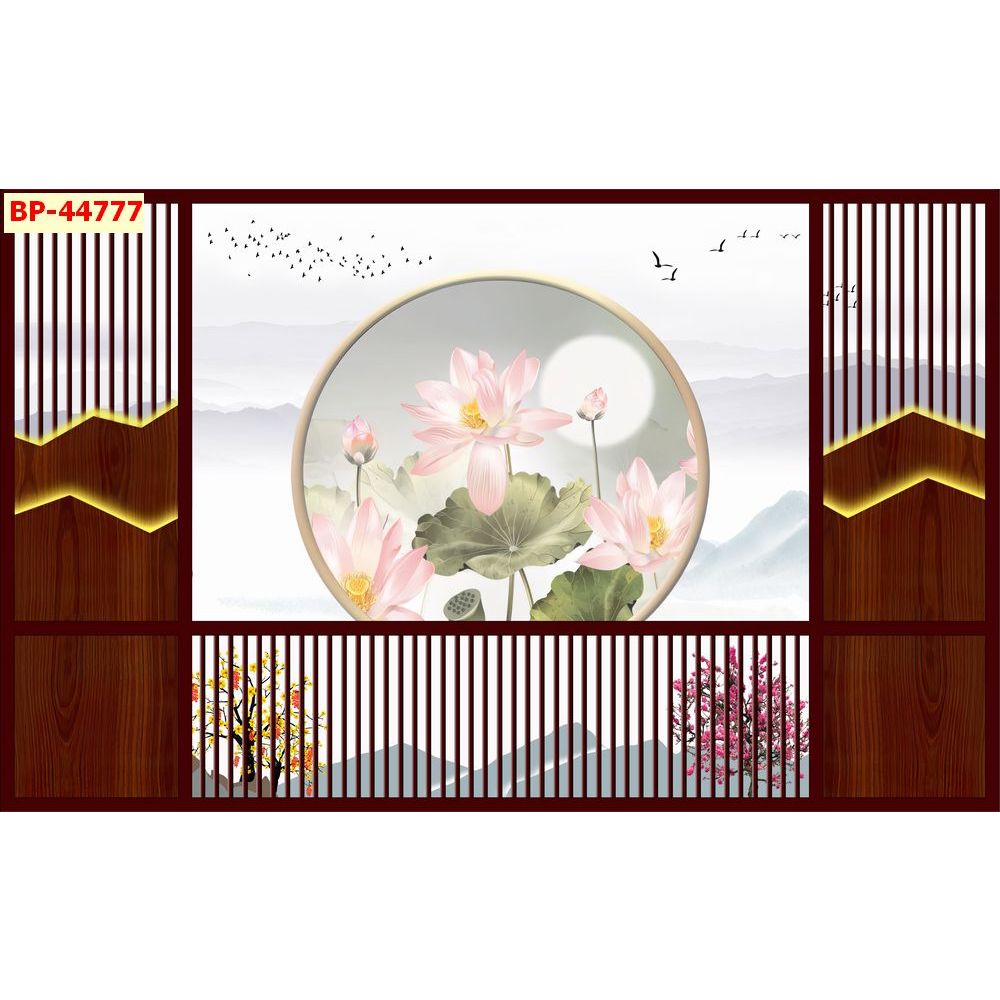 Tranh dán tường hoa sen lam sóng. Tranh lụa luxury TS