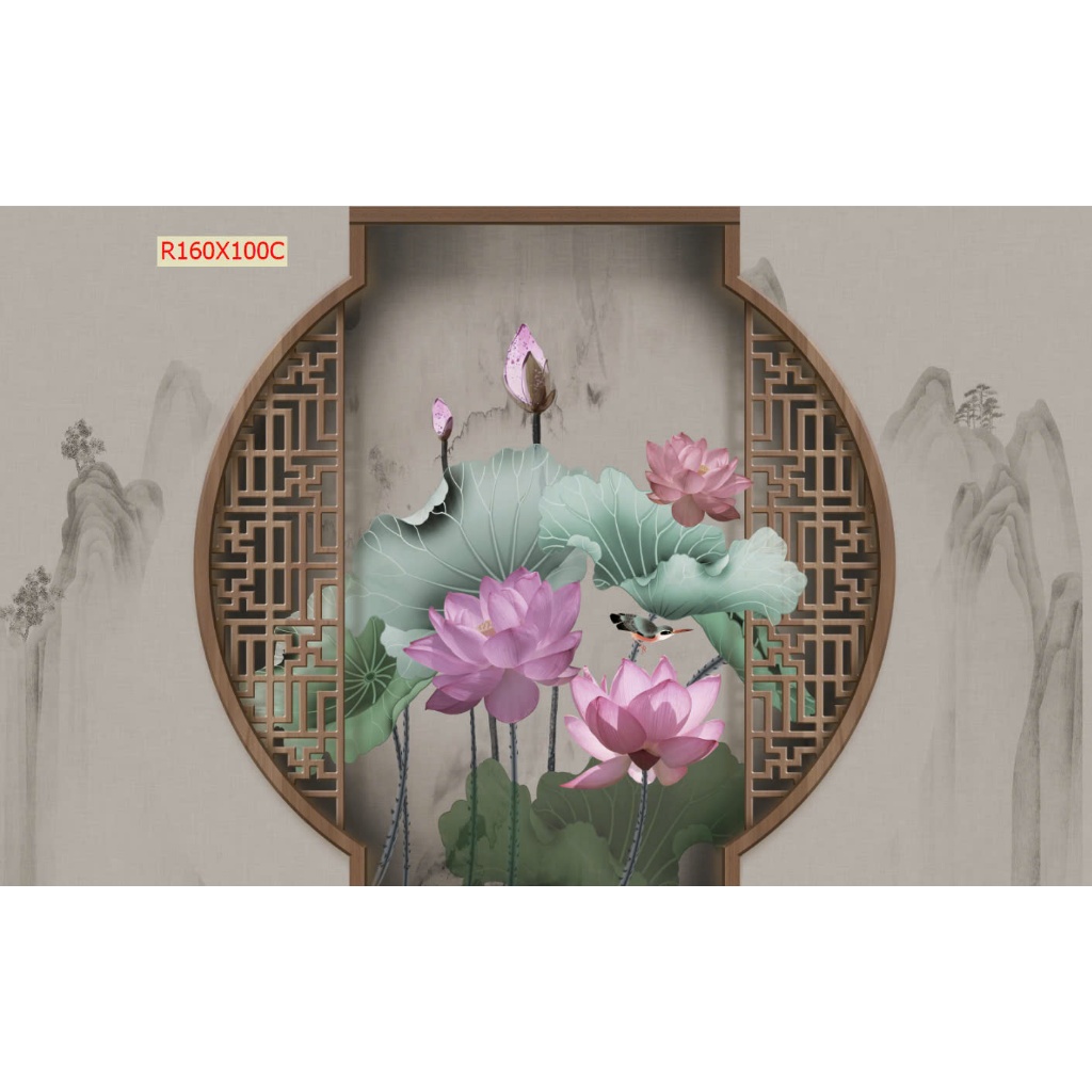 Tranh dán tường hoa sen lam sóng. Tranh lụa luxury TS