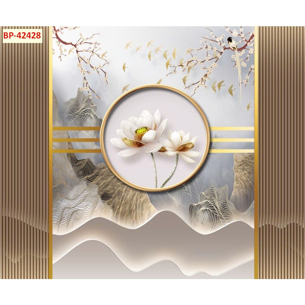 Tranh dán tường hoa sen lam sóng. Tranh lụa luxury TS