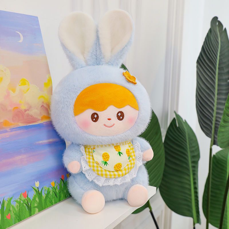 Gấu bông bé ba tai thỏ đeo yếm dễ thương,  gấu bông cao cấp chất liệu vải lông thỏ