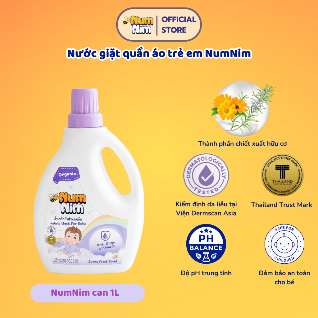 [TRỢ GIÁ] [Tím] Nước giặt cho bé NumNim Thái Lan thành phần hữu cơ, dịu nhẹ - Khử mùi (Anti Odor) - 1L - Hàng Chính Hãng