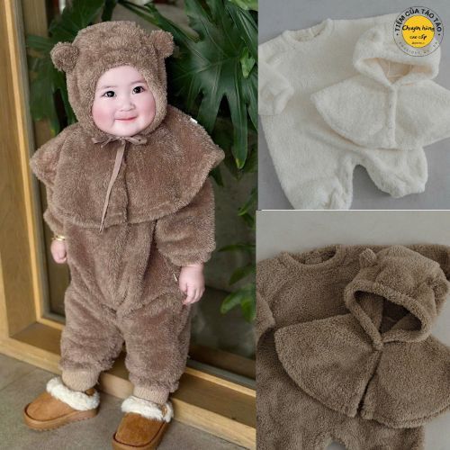 (HÀNG CÓ SẴN) Set body choàng lông gồm body liền thân kèm mũ choàng cover Hàn Quốc cho bé trai bé gái 3-13kg