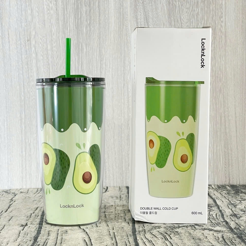 Ly nhựa 2 lớp LocknLock Double Wall Cold Cup HAP524 dung tích 600ml, kèm ống hút - K-MALL