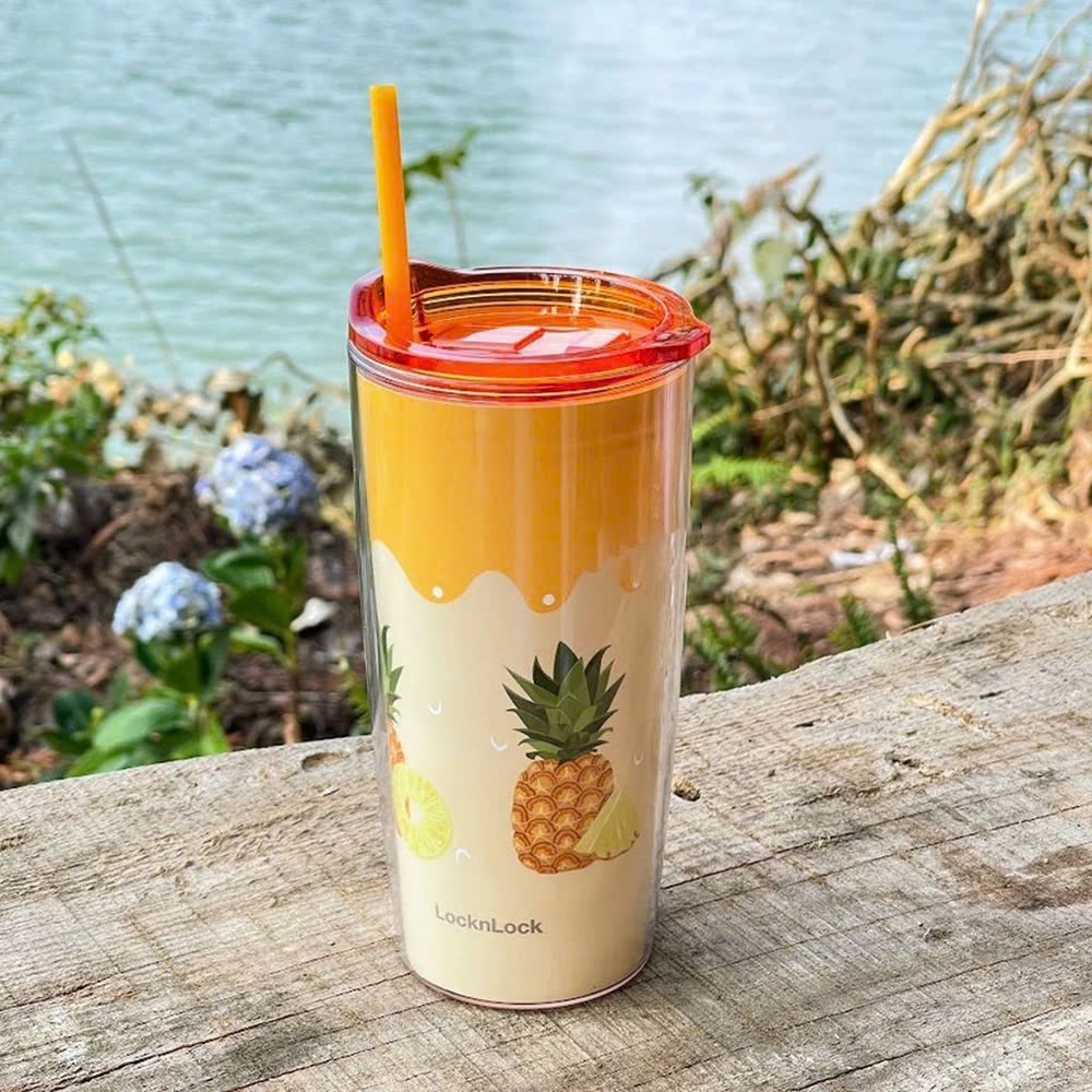 Ly nhựa 2 lớp LocknLock Double Wall Cold Cup HAP524 dung tích 600ml, kèm ống hút - K-MALL
