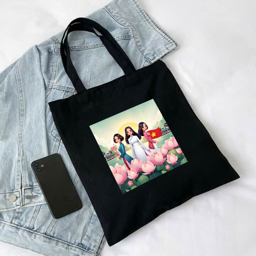 Túi Tote Áo Dài Việt Nam túi vải canvas hình ÁO DÀI PHỤ NỮ VIỆT DUYÊN DÁNG đen trắng thời trang đựng đồ totb065 totA065