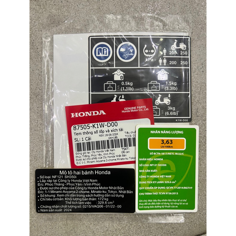 Tem thông số SH 350i Hàng Zin chuẩn hãng( 3,63 )