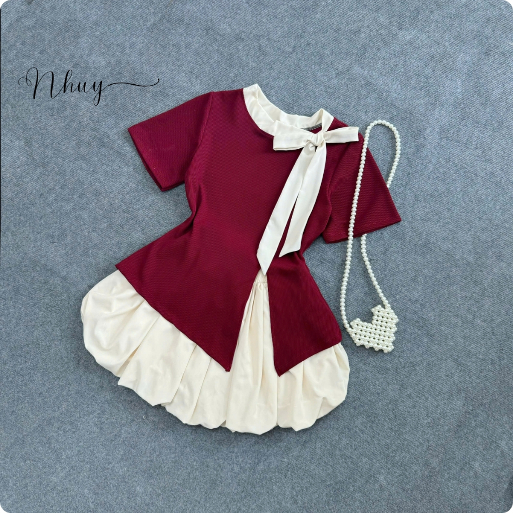 Set váy bigsize nữ áo tay ngắn cổ thắt nơ tà xẻ chất ruby kèm chân váy ...