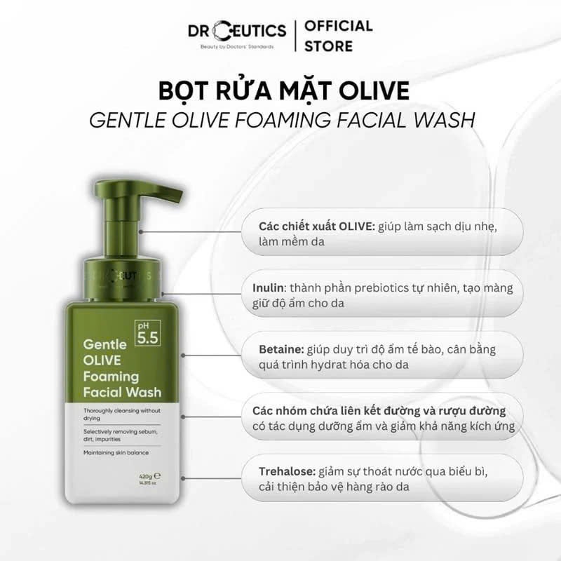 Gel Rửa Mặt Tạo Bọt DrCeutics Gentle OLIVE Facial Cleansing Gel – Dịu Nhẹ, Dành Cho Mọi Loại Da