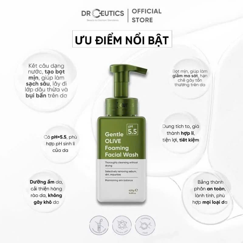 Gel Rửa Mặt Tạo Bọt DrCeutics Gentle OLIVE Facial Cleansing Gel – Dịu Nhẹ, Dành Cho Mọi Loại Da