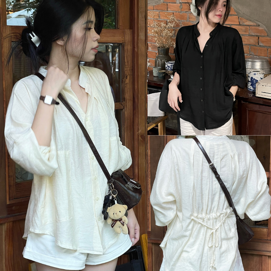 Áo Sơ Mi Trơn Đũi Nữ Tay Dài Thiết Kế Thắt Dây Eo Dáng Basic Mùa Hè Mặc Đi Chơi, Đi Học Kimee KA480