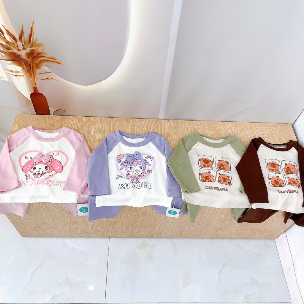 Bộ dài tay cho bé Lyocell Lá Homewear A228, pijama cho bé hình kuromi melody capybara mềm mát