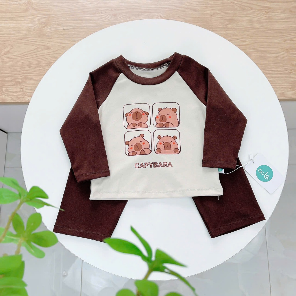 Bộ dài tay cho bé Lyocell Lá Homewear A228, pijama cho bé hình kuromi melody capybara mềm mát
