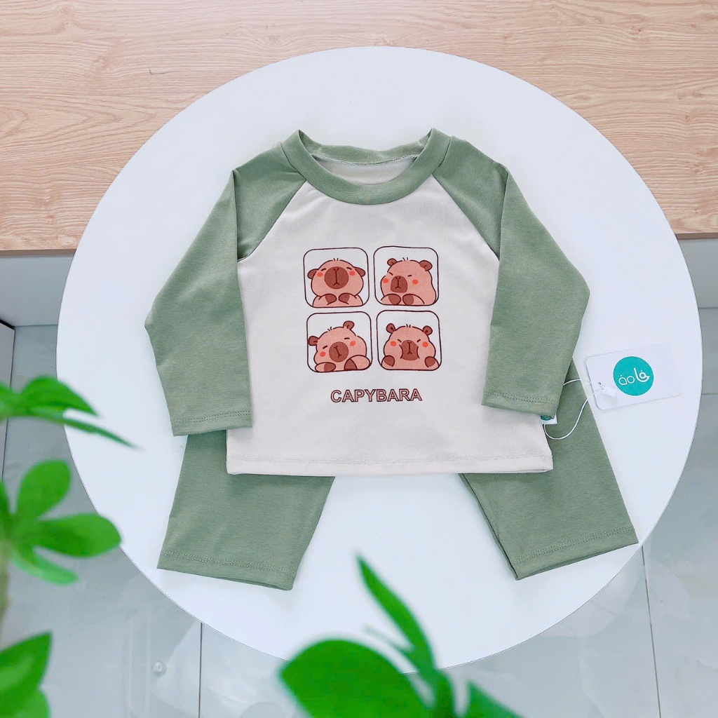 Bộ dài tay cho bé Lyocell Lá Homewear A228, pijama cho bé hình kuromi melody capybara mềm mát