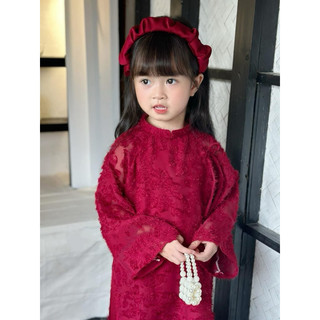 Áo dài đỏ Tết cho bé gái cho bé Batala Kids, ÁO DÀI LÔNG VŨ cao cấp màu đỏ cho bé 10-25kg.