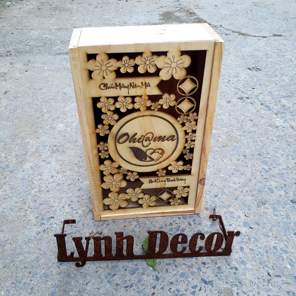 Hộp Gỗ Nắp Trượt Hoa Mai Tết, Free Logo Câu Chúc (UV, Laser) - LynhDecor